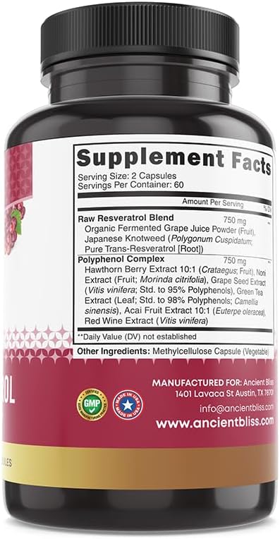 Ancient Bliss Resveratrol Powerful Antioxidant Supplement with Green Tea Grape Seed Extract for Healthy Aging for Men &amp Women