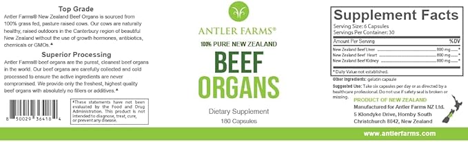Antler Farms - 100% Pure New Zealand Beef Organs - Heart Liver Kidney 180 Capsules 400mg - Grass Fed Cold Processed Supplement Pure and Clean rBGH Free No Fillers or Additives