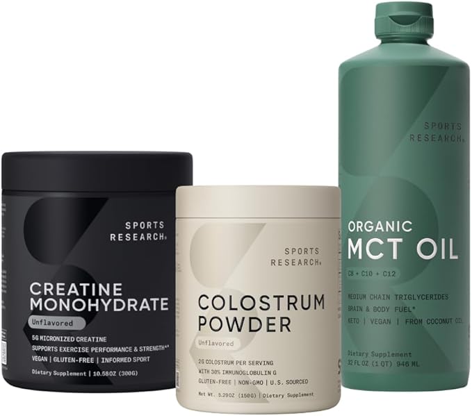 Sports Research® Goodies Pack - Colostrum Powder formulated to Support Workout Performance Immunity &amp Gut Health w/Antibodies &amp Creatine Monohydrate &amp Organic MCT Oil Keto &amp Vegan MCT