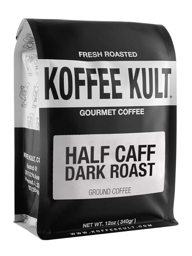 Koffee Kult Half Caff Coffee Whole Bean Dark Roast Half Caffeine Decaf Low Acid Naturally Decaffeinated (12oz Ground)