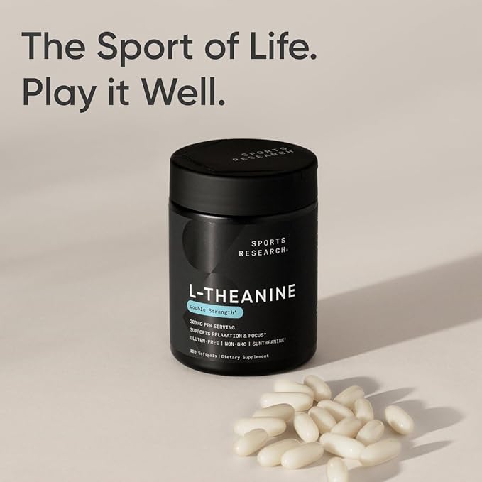 Sports Research Double Strength L-Theanine Supplement - Suntheanine Softgels for Focus Relaxation &amp Alertness - Non-Drowsy Support Made with Coconut Oil Non-GMO &amp Gluten Free - 200mg 120 Co