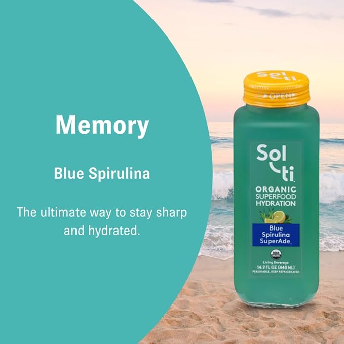 Organic SuperAde Hydration Drink Boosts Memory SuperFood Lemonade by Sol-ti Cold-Pressed Blue Spirulina and Lemon Juice Blend 16 Pack (14.9 Fl oz)