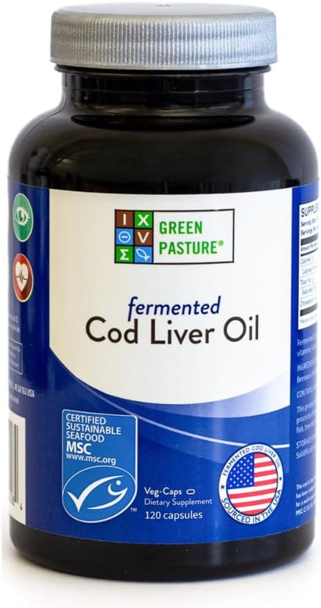 Green Pasture Fermented Cod Liver Oil Capsules - Wild Alaska Cod Vitamins A &amp D Omega-3 Non-Gelatin 120 Count