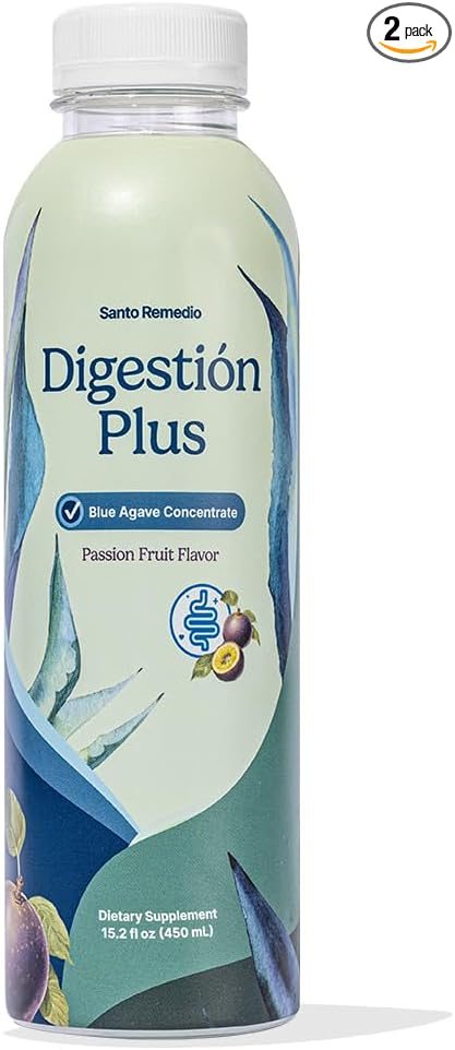 Santo Remedio Digestion Plus Concentrated Blue Agave Drink 30 Servings Passionfruit Flavor Vegan Gluten-Free Non-GMO No Added Sugar (Pack of 2)