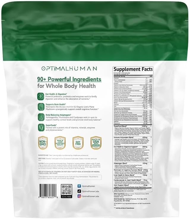 Optimal Human Superfood Greens Powder – 90+ Ingredient Blend with Lion’s Mane Supplement Ashwagandha &amp Turmeric – Non-GMO Soy-Free Mushroom Supplements for Women – 20 Sachets