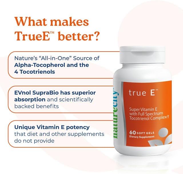 NatureCity True-E Full Spectrum Tocotrienols Vitamin E &amp Natural Alpha Tocopherol Supplement | Sustainable Tocotrienols from Evnol Suprabio | Non-GMO Vitamin E Complex | 120 Soft gels