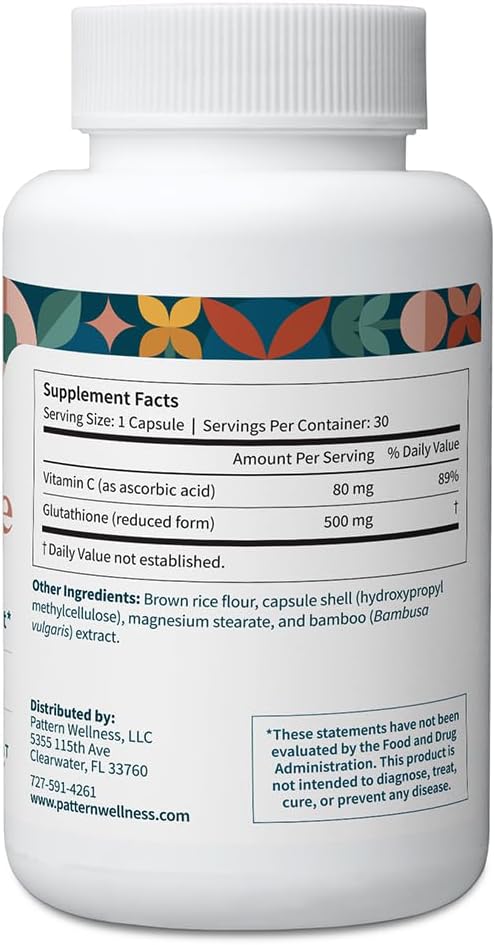 Pattern Wellness Glutathione Supplement - Active Reduced Glutathione Formula with Added Vitamin C - Cell Antioxidant + Immune Health Support - 30 Vegan Capsules