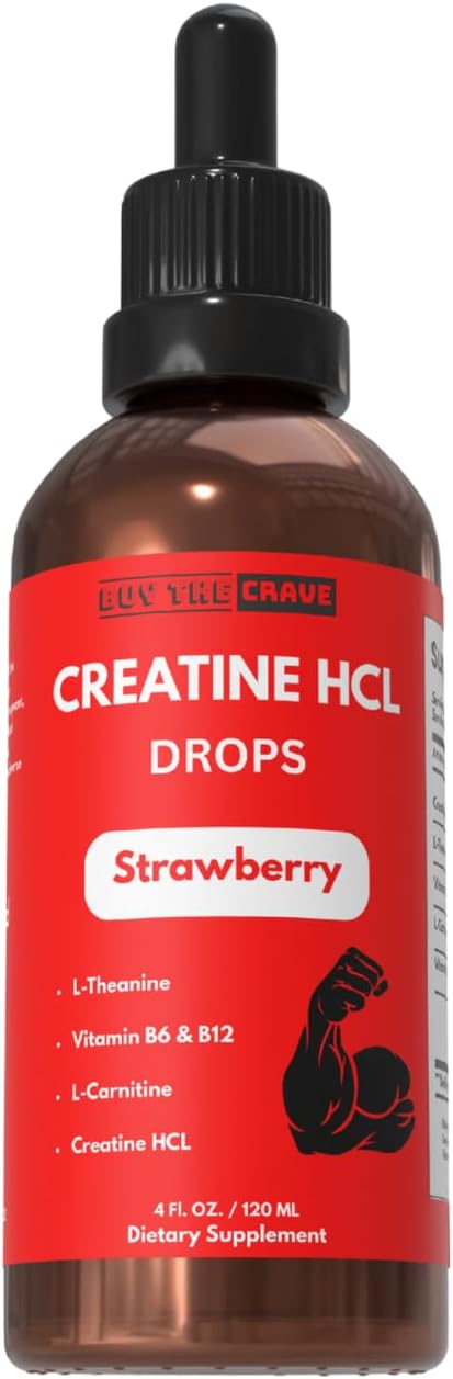 Creatine HCL Liquid Drops for Men &amp Women - 2ml Per Serving L-Theanine Vitamin B12 &amp B6 L-Carnitine - High Absorption 4 Fl Oz (120ml) (4 FL OZ Strawberry)
