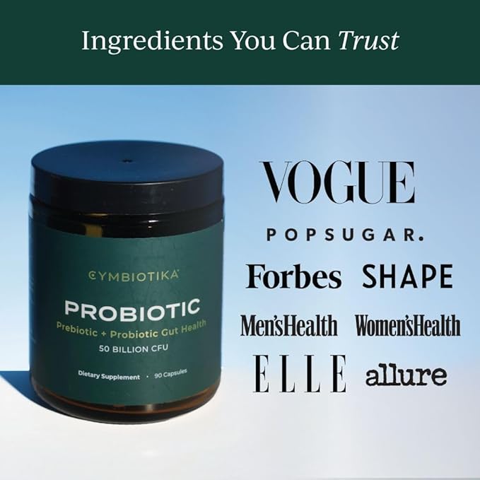 CYMBIOTIKA Probiotic + Prebiotic 60 Billion CFU - 19 Strains Gut Health Supplement for Women &amp Men Immune Support Digestive Health &amp Gut Balance 90 Capsules 1 Month Supply Made in USA