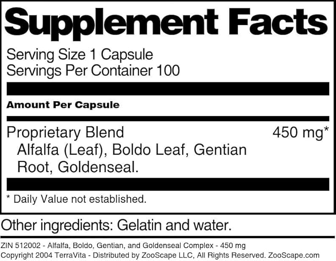 Alfalfa Boldo Gentian and Goldenseal Complex - 450 mg (100 Capsules ZIN: 512002) - 3 Pack