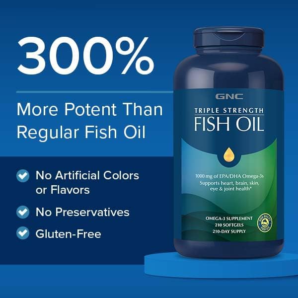 GNC Triple Strength Fish Oil Omega 3 Supplement 1000mg EPA and DHA Supports Heart Brain Skin Eye and Joint Health 60 Softgels