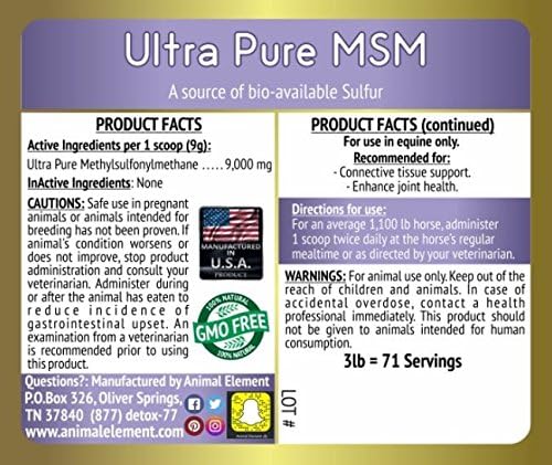 Ultra Pure MSM - 3 Lb - Horse Joint Supplement with Connective Tissue Support All Natural GMO Free