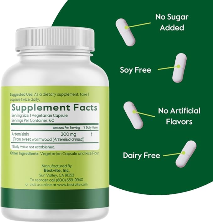 BESTVITE Artemisinin 200mg Per Capsule (60 Vegetarian Capsules) - No Stearates - No Flow Agents - Vegan - Non GMO - Gluten Free