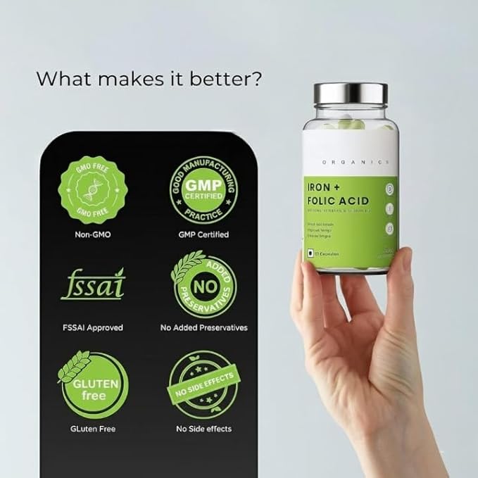 Iron + Folic Acid Supplement with Zinc Vitamin C &amp Vitamin B12 | 60 Veg Capsules | SupportsImmunity and Energy | Enhances Iron Absorption| for Both Men &amp Women