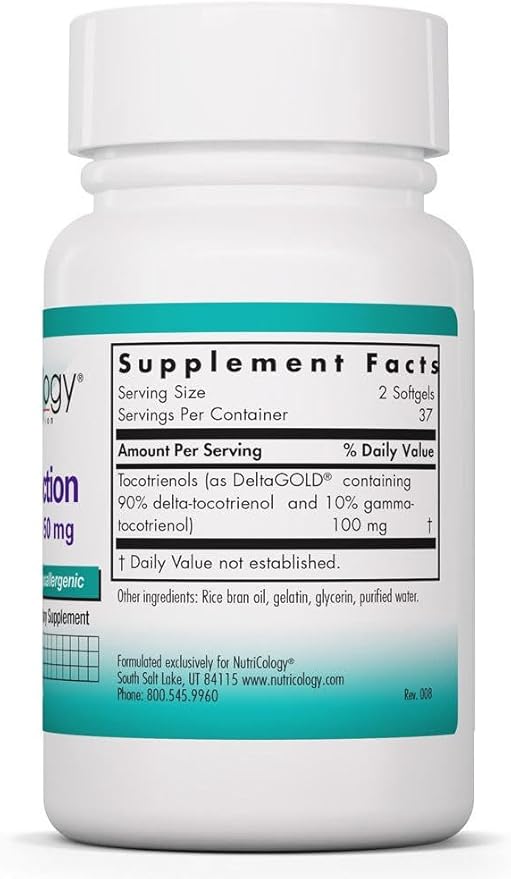 NutriCology Delta-Fraction Tocotrienols - Delivers 50 mg as DeltaGOLD - Annatto-Derived Tocotrienols - Supports Antioxidant Activity &amp Blood Circulation - No Tocopherols - 37 Servings - 75 Softgel