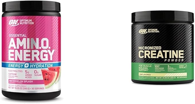 Optimum Nutrtion Bundle: Amino Energy Powder Plus Hydration with BCAA Electrolytes and Caffeine Watermelon Splash 30 Servings + Micronized Creatine Monohydrate Powder Unflavored 60 Servings