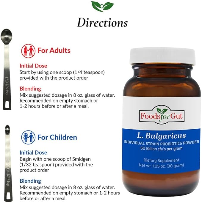 Foods For Gut Lactobacillus Bulgaricus Probiotic Powder 50 Billion cfu's | Made in USA | No Additives | Digestive &amp Immune Support | High Potency | L. Bulgaricus | 30 Grams (1.05 Oz)