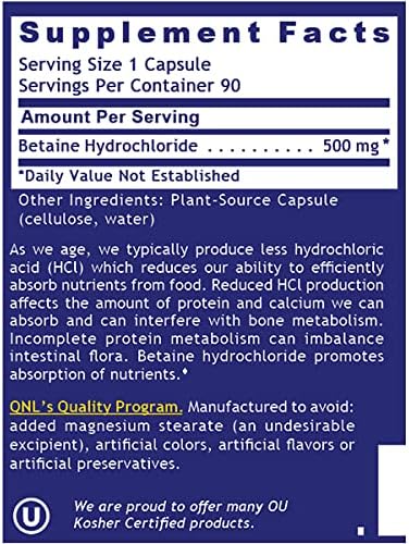 QNL Quantum HCL - Betaine HCl Capsules for Digestive Aid - Supports Gastric Acid Secretion - Digestion Supplement That Aids Nutrient Absorption - 90 Vegetarian Capsules (2 Pack)