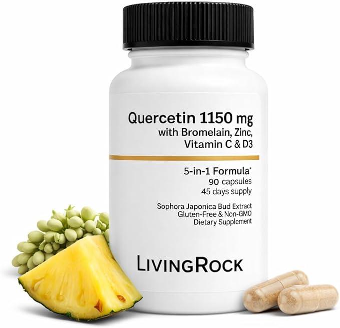 LivingRock Quercetin 1150mg with Bromelain Zinc Vitamin C D3 &amp K2 – Plant-Based Quercetin with Bromelain Supplement for Adults Organic Vitamin D Formula Vegan Non-GMO 90 Capsules