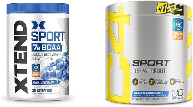 XTEND Sport BCAA Powder Blue Raspberry Ice - Electrolyte Powder for Recovery &amp Hydration with Amino Acids - 30 Servings &amp Cellucor C4 Sport Pre Workout Powder Blue Raspberry - Pre Workout Ener