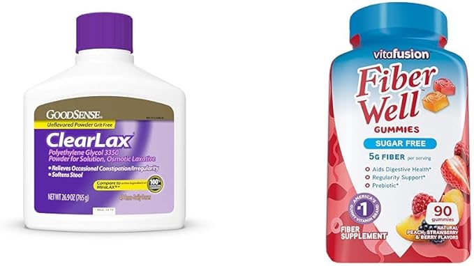 GoodSense 26.9oz Polyethylene Glycol 3350 Powder and Vitafusion 90ct Fiber Gummies Peach Strawberry BlackBerry Sugar Free