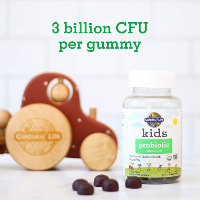 Garden of Life Kids Probiotic 3 Billion CFU Cherry Flavor Gummies - Sugar Free Once Daily Probiotics for Kids Probiotics plus Fiber for Children's Digestive &amp Immune Health 30 Vegetarian Gummie