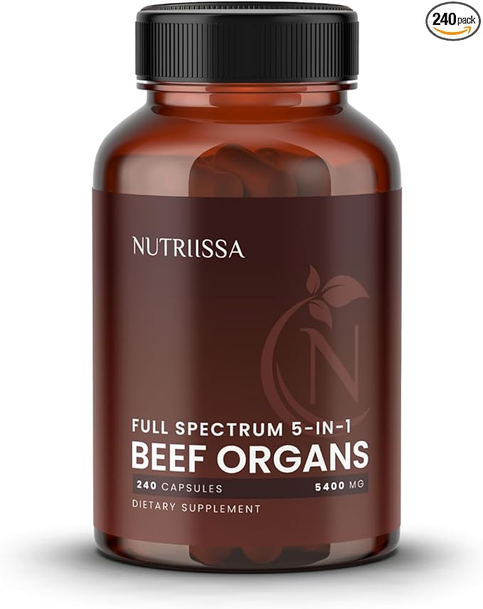 Nutriissa Full-Spectrum Beef Organ Capsules 5400 mg – Grass-Fed Liver Heart Kidney Spleen &amp Pancreas – EPEB Certified for Purity &amp Potency – 240 Capsules