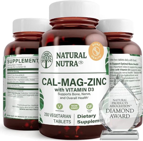 Natural Nutra Calcium Magnesium Zinc with Vitamin D3 - CMZ Supplement | Bone Strength Immune Support Muscle &amp Nerve Health - Cal-Mag Zinc Supplement - Gluten Free - Digestion Support - 250 Table