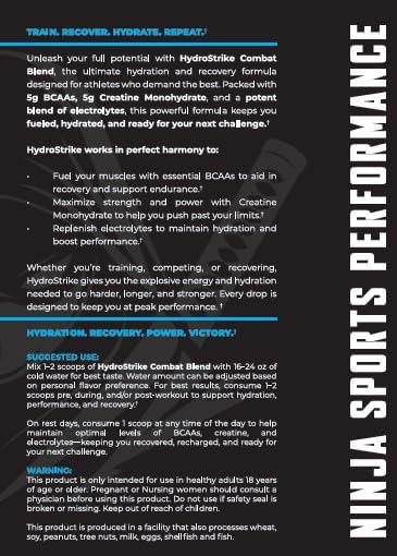HydroStrike Combat Blend [5g BCAAs 5g Creatine Monohydrate Powerful Blend of Electrolytes Zero Sugar]