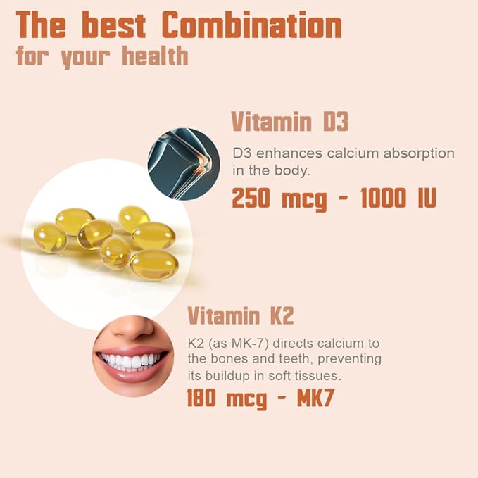 Health Dose Vitamin D3 10000 IU + K2 (MK7) Supplement 2-in-1 Formula Immune Support a Healthy Mood Heart Joint Teeth Bone Health Calcium Absorption 180 softgels. (2)