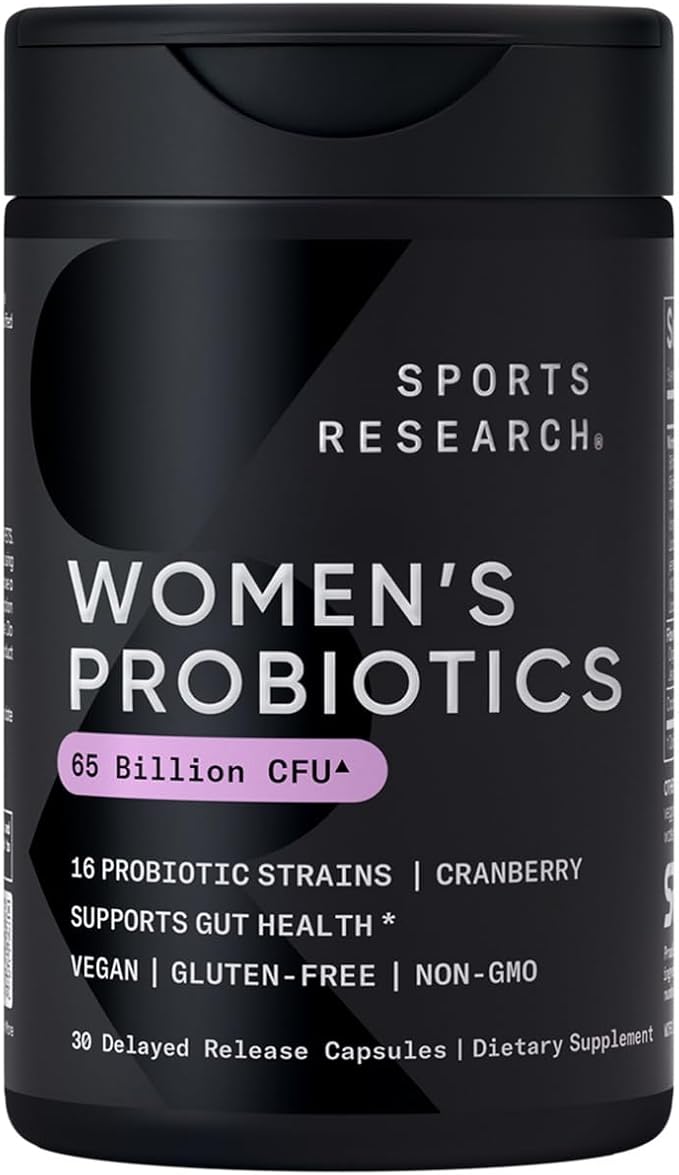 Sports Research Women's Probiotics with Prebiotics 65 Billion CFU - Vegan Capsules for Gut Health &amp Digestive Support Probiotics for Women with Cranberry - Non-GMO Verified &amp Gluten Free - 3