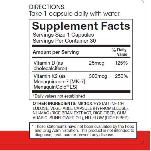 Silver Fern Vitamin K2-D3 Supplement Brand - Natural Non-Synthetic - K2-7 as Menaquinone-7 (MK-7) - D3 as cholecalciferol - Bone Heart &amp Energy Support (1 Bottle - 30 Capsules - 30 Servings)