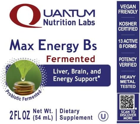 Quantum Nutrition Labs Max Energy B - Vitamin B Complex Liquid Drops Organic Supplement for Women and Men Vitamin B1 B2 B3 B5 B6 B12 - 2 Fl Oz
