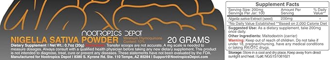Nigella Sativa Extract Powder | 20 Grams | Minimum 10% Thymoquinone Content | Black Seed Oil Extract | Supports Brain Health Memory Liver Health and Immune Function | Nootropics Depot
