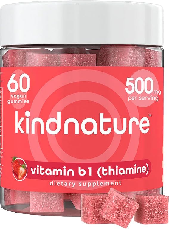 kindnature Vitamin B1 Gummies 500mg – High Potency Thiamine Supplement for Energy Focus &amp Nervous System – Vegan Non-GMO Chewable B1 Vitamins for Adults &amp Kids – Natural Strawberry Flavor –