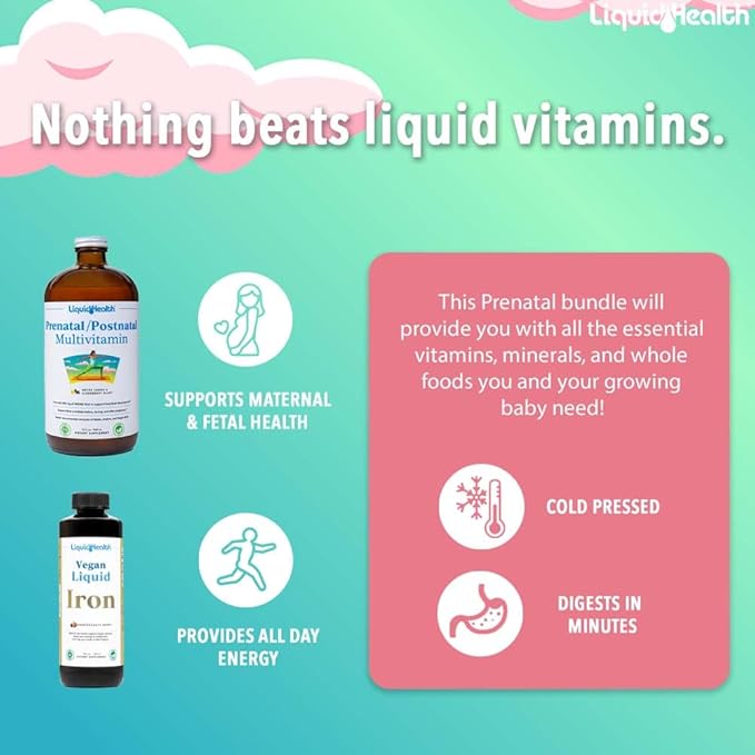LIQUIDHEALTH Prenatal Baby Booster Pregnancy Vitamin Bundle - Vegan Women's Prenatal/Postnatal Multivitamin with SunActive &amp Ferrochel Iron Folate Whole Foods - Made in the USA 100% Vegan (Bund
