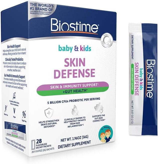 Biostime Baby &amp Kids Skin Defense | Helps Protect from Skin Inflammation † | 5 Billion CFUs | Gut Support | Clinically Tested Probiotics Strains | 28 Sachets