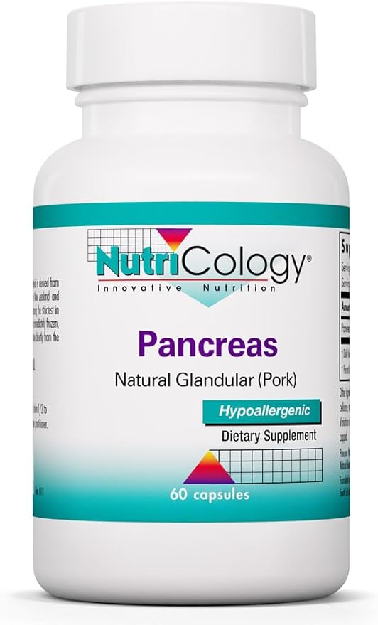 Nutricology Pancreas Pork 425mg Supplement - Pancreas Natural Glandular Pancreatic Enzymes Amylase Protease Lipase Hypoallergenic - 60 Count