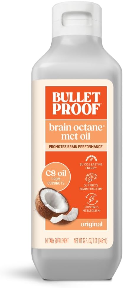 Bulletproof Brain Octane C8 MCT Oil 32 oz – 100% Pure Coconut Oil Triple-Distilled Keto Energy Supplement for Coffee &amp Smoothies Unflavored No Additives or Fillers Non-GMO