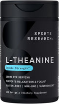 Sports Research Double Strength L-Theanine Supplement - Suntheanine Softgels for Focus Relaxation &amp Alertness - Non-Drowsy Support Made with Coconut Oil Non-GMO &amp Gluten Free - 200mg 120 Co