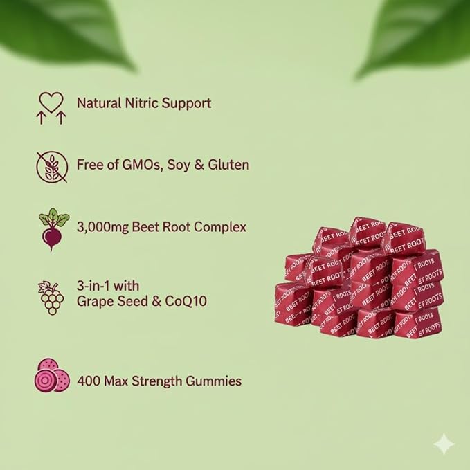 Beet Root Heart Chews Nitric Oxide and Blood Pressure Support Grape Seed Extract &amp Non-GMO Beet Root Powder Energy Supplement Pomegranate Berry Flavor 60 Count