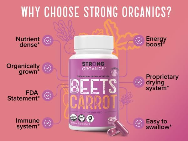Organic Beet Root &amp Carrot Juice Powder Capsules – USA Grown Raw Cold Pressed – Nitric Oxide Eye Health Skin &amp Heart Support – Beta Carotene Whole Food Vitamin A – Vegan Non-GMO Kosher –