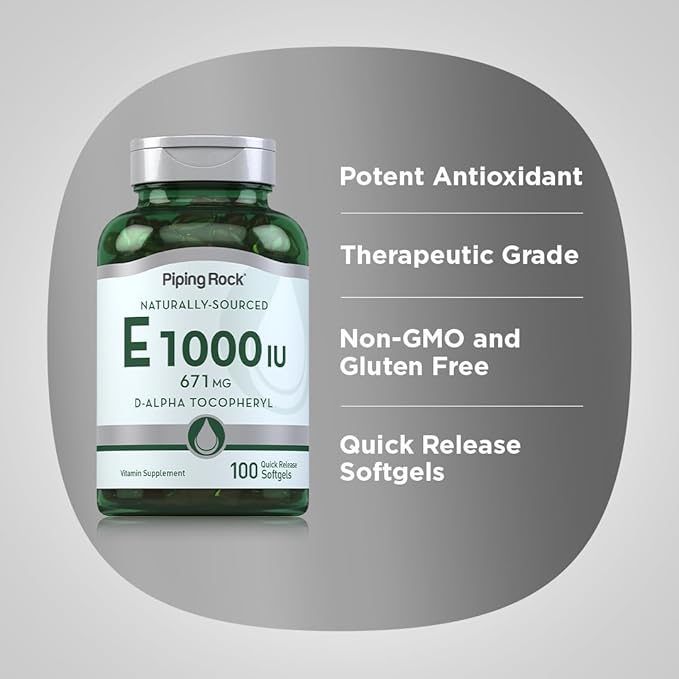 Piping Rock Vitamin E 1000 IU Softgel Capsules | 671mg | 100 Pills | D-Alpha Tocopheryl Supplement | Non-GMO Gluten Free