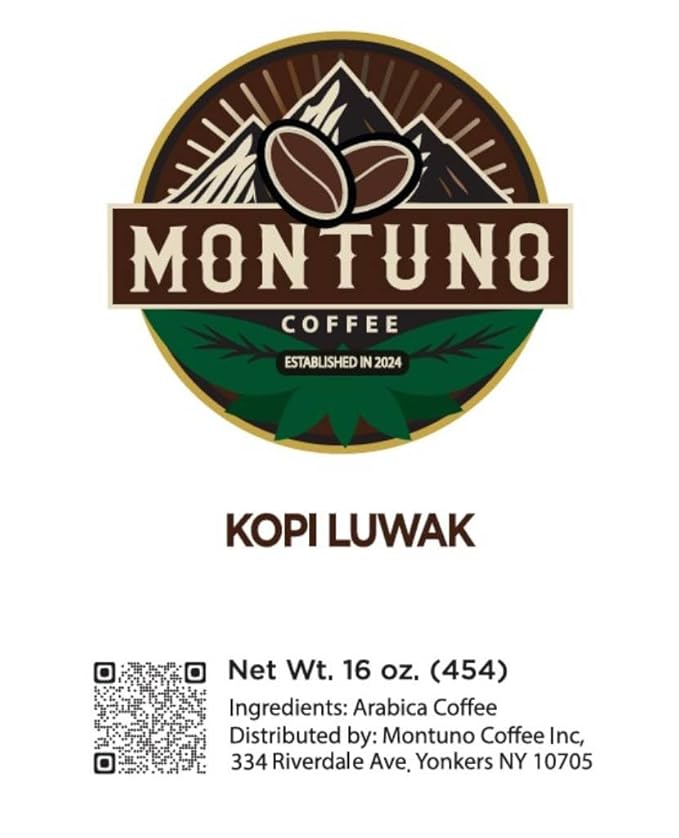 Montuno Kopi Luwak Arabica Coffee Premium Gourmet Whole Bean 16 oz