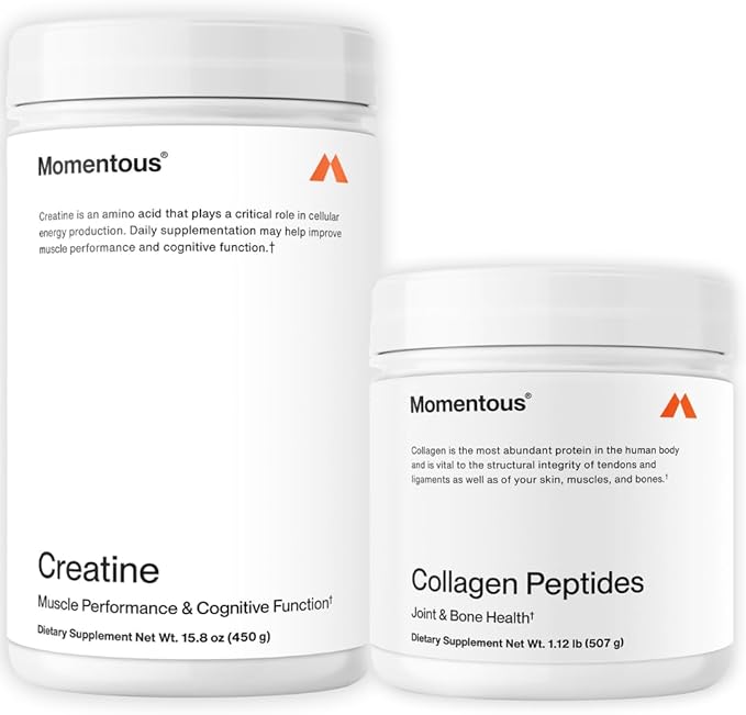 Momentous Creatine Monohydrate Powder &amp Grass-Fed Collagen Peptides Powder Stack - Supports Strength Lean Muscle &amp Recovery - FORTIGEL &amp Vitamin C for Hair Skin Nails &amp Joint Heal