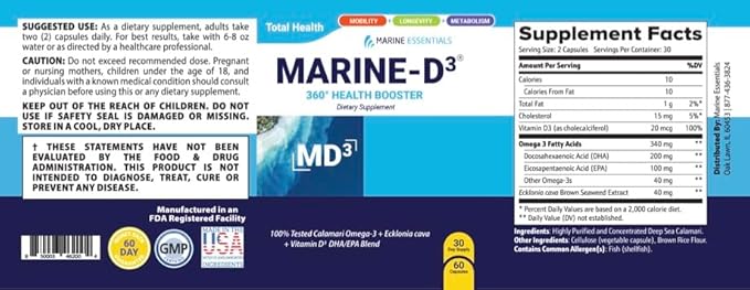 Marine D3 Omega 3 Calamari Ecklonia Cava DHA (4 Bottles - 240 Capsules)