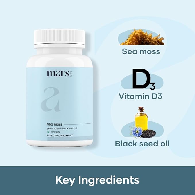 Mars Sea Moss Caps Surge Natural (60N) | Packed with 84 Essential Minerals | Powered with Black Seed Oil Surgemax &amp Vitamin D3 | Overall Well-Being - Pack of 3