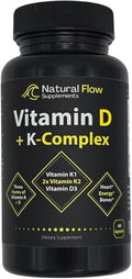 Vitamin D3 with K2 and K1 Supplement - Natural Flow Vitamin D3 and K Complex D3 5000iu with Vitamin K2 MK4 + MK7 and K1 for Bone Heart and Immune Support - 60 Capsules