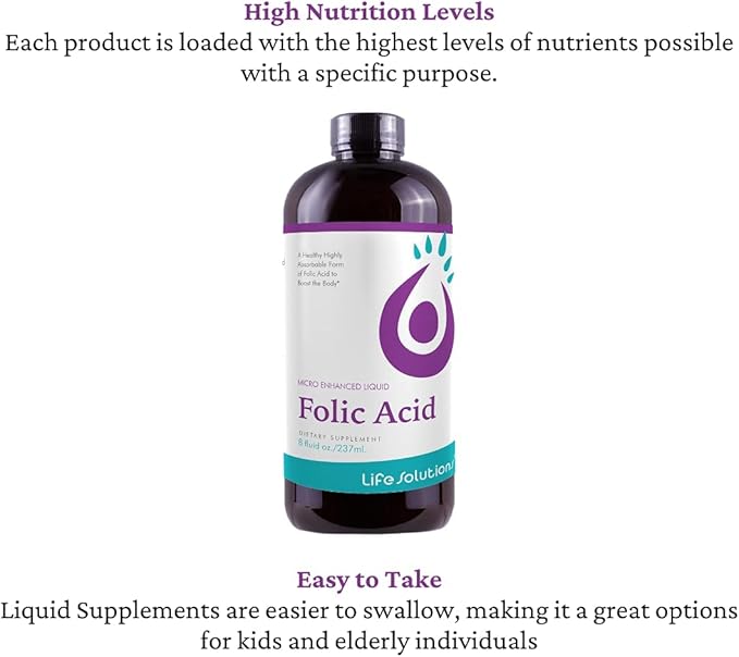 Life Solutions Liquid Folic Acid Supplement – 800 mcg Vitamin B9 per Serving – Berry Flavor 8 fl oz – Fast Absorption Prenatal Heart &amp Brain Support