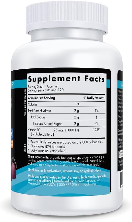 Nordic Naturals Vitamin D3 Gummies Sport Wild Berry - 120 Gummies - 1000 IU Vitamin D3 - NSF Certified - Healthy Bones Mood &amp Immune System Function - Non-GMO - 120 Servings (Pack of 2)